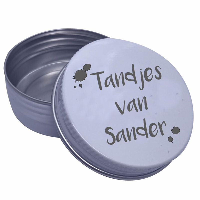 Tandendoosje met naam | verfspetters | wit