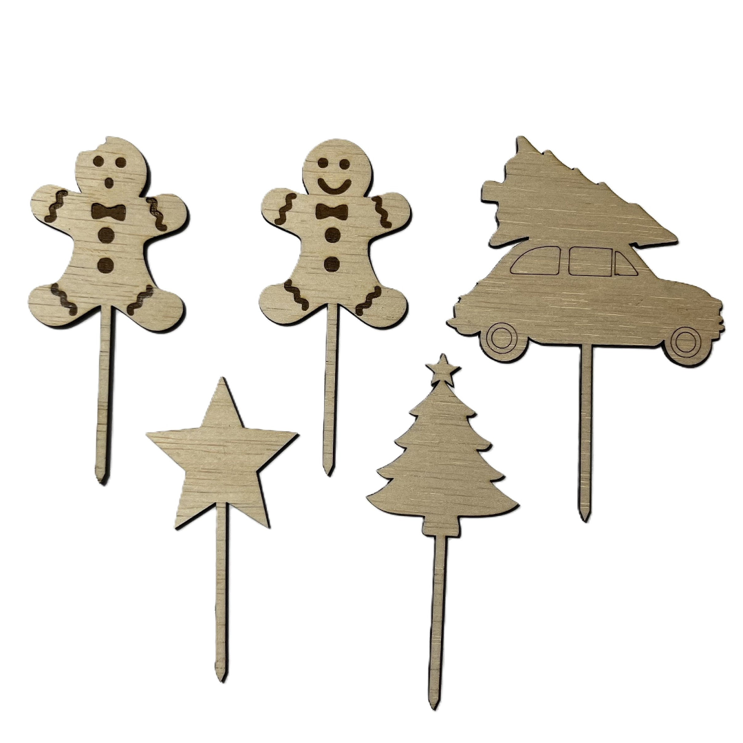5 houten kerst prikkers - normaal