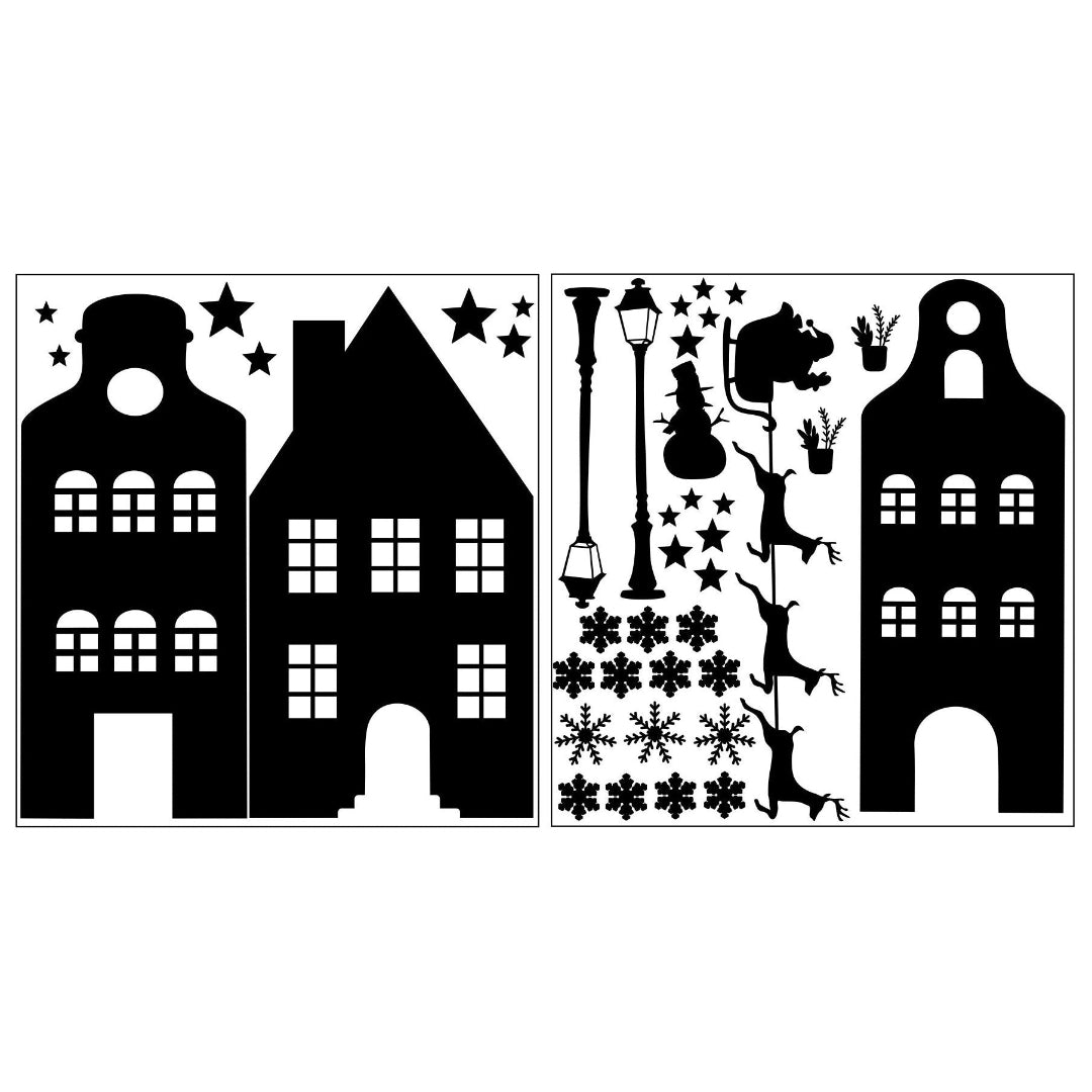 Statische raamstickers huisjes voor kerst.