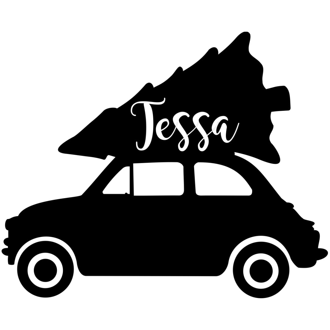 strijkapplicatie autootje met kerstboom naam sierlijk