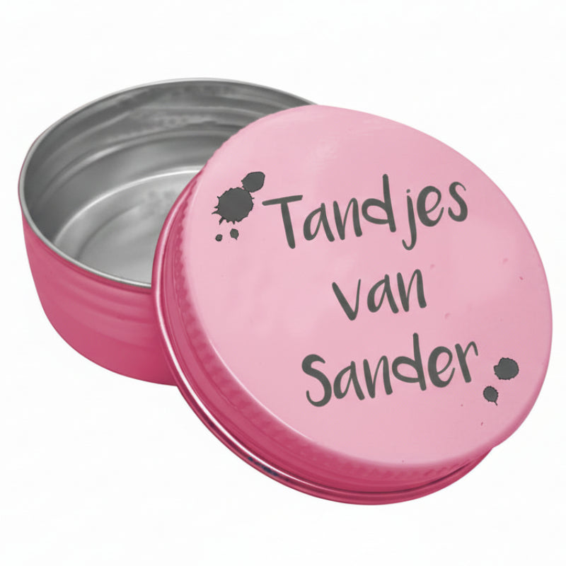 Tandendoosje met naam | verfspetters | roze