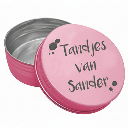 Tandendoosje met naam | verfspetters | roze