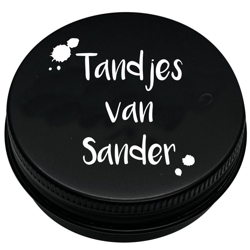 Tandendoosje met naam | verfspetters | zwart
