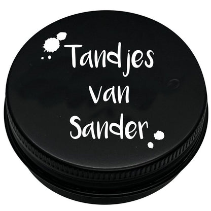 Tandendoosje met naam | verfspetters | zwart