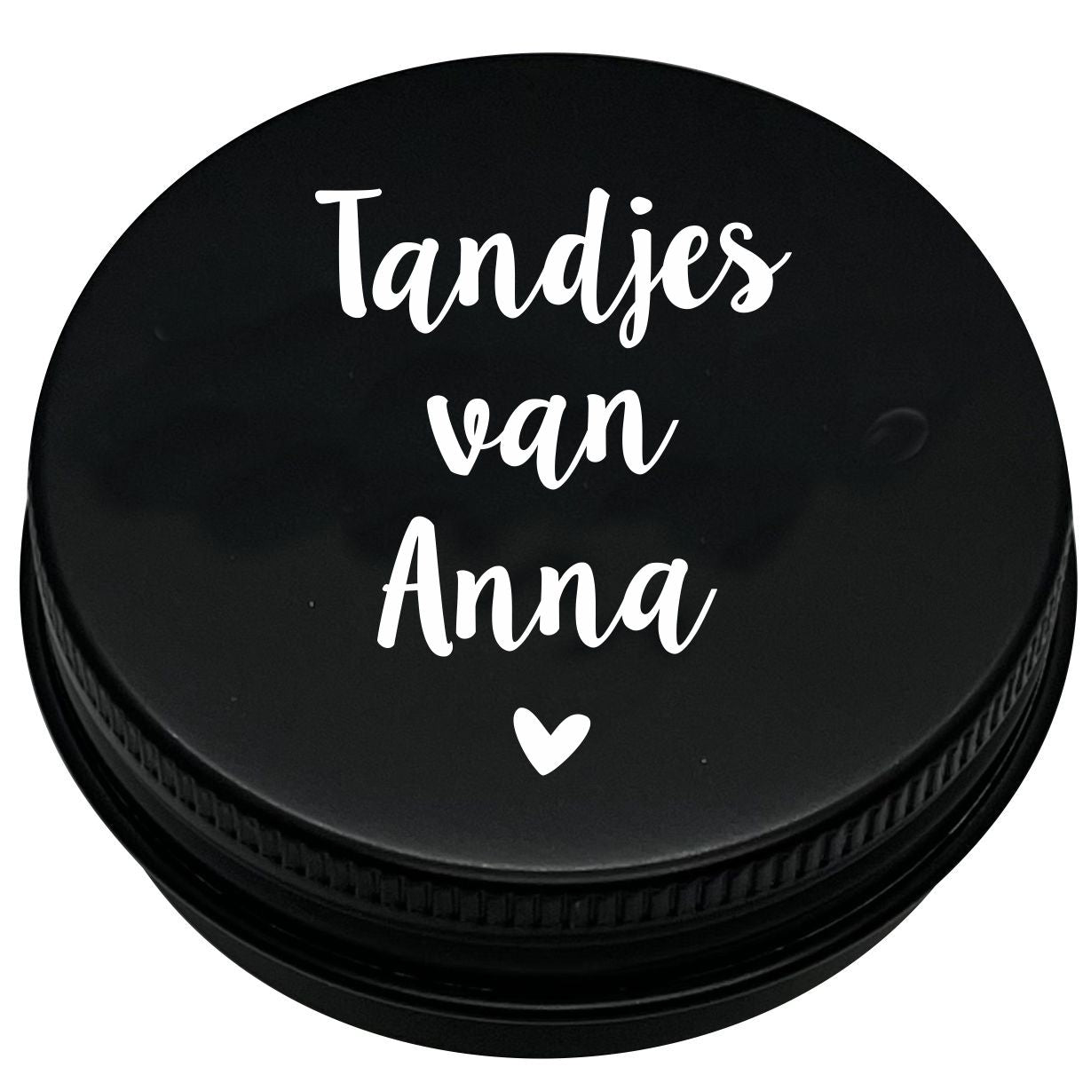 Tandendoosje met naam | sierlijk hartje | zwart